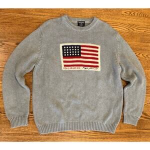 Vintage Polo Jeans Company Ralph Lauren American Flag Sweater Large Grey USA